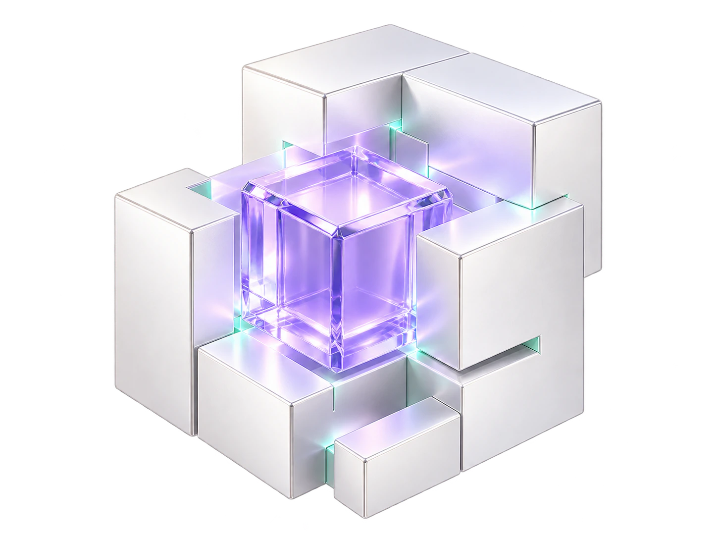 Lavender glass core surrounded by connected pearl-white modules with mint accents