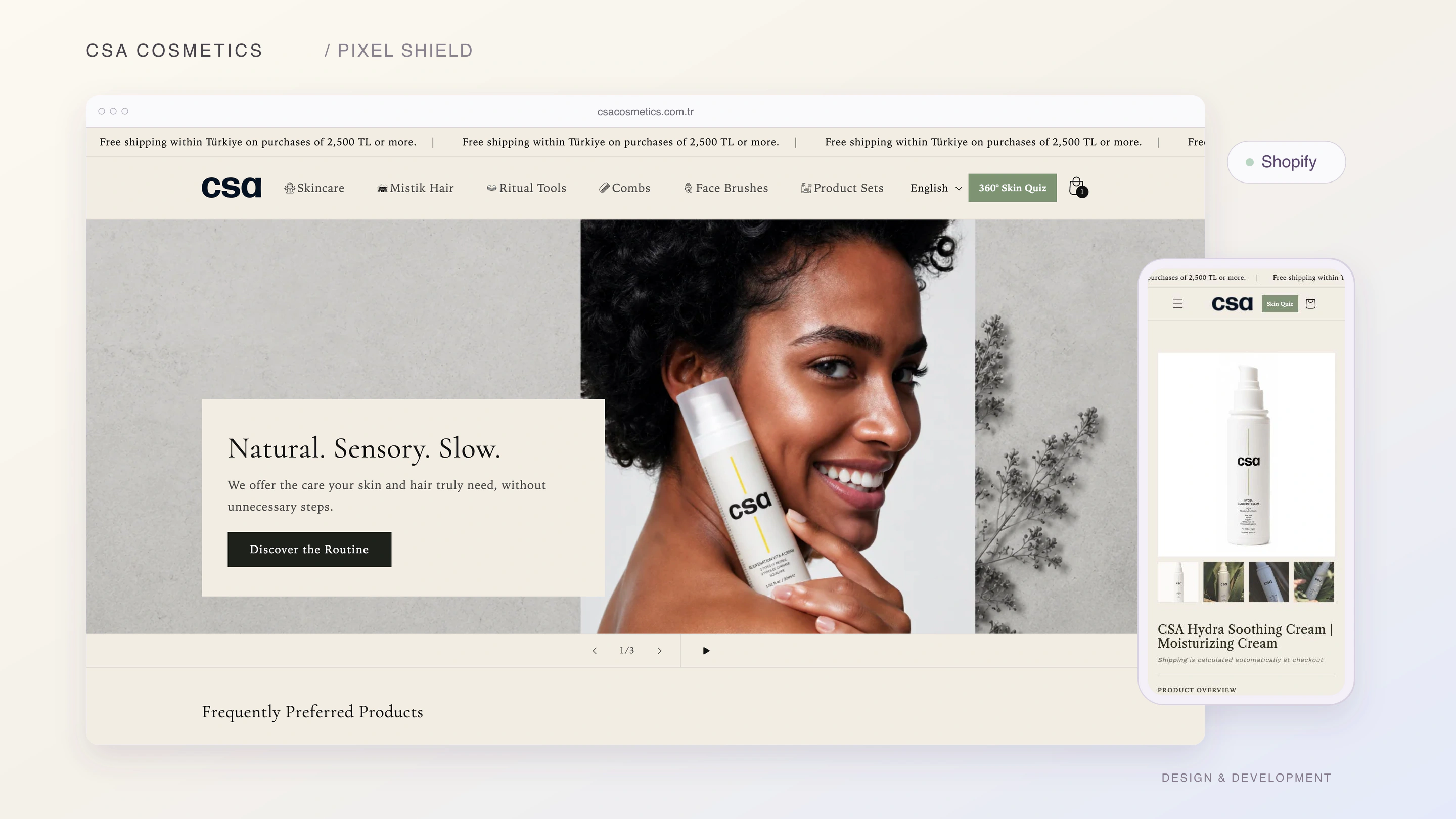 Desktop and mobile screenshots of the English-language CSA Cosmetics Shopify storefront shown together in device mockups.