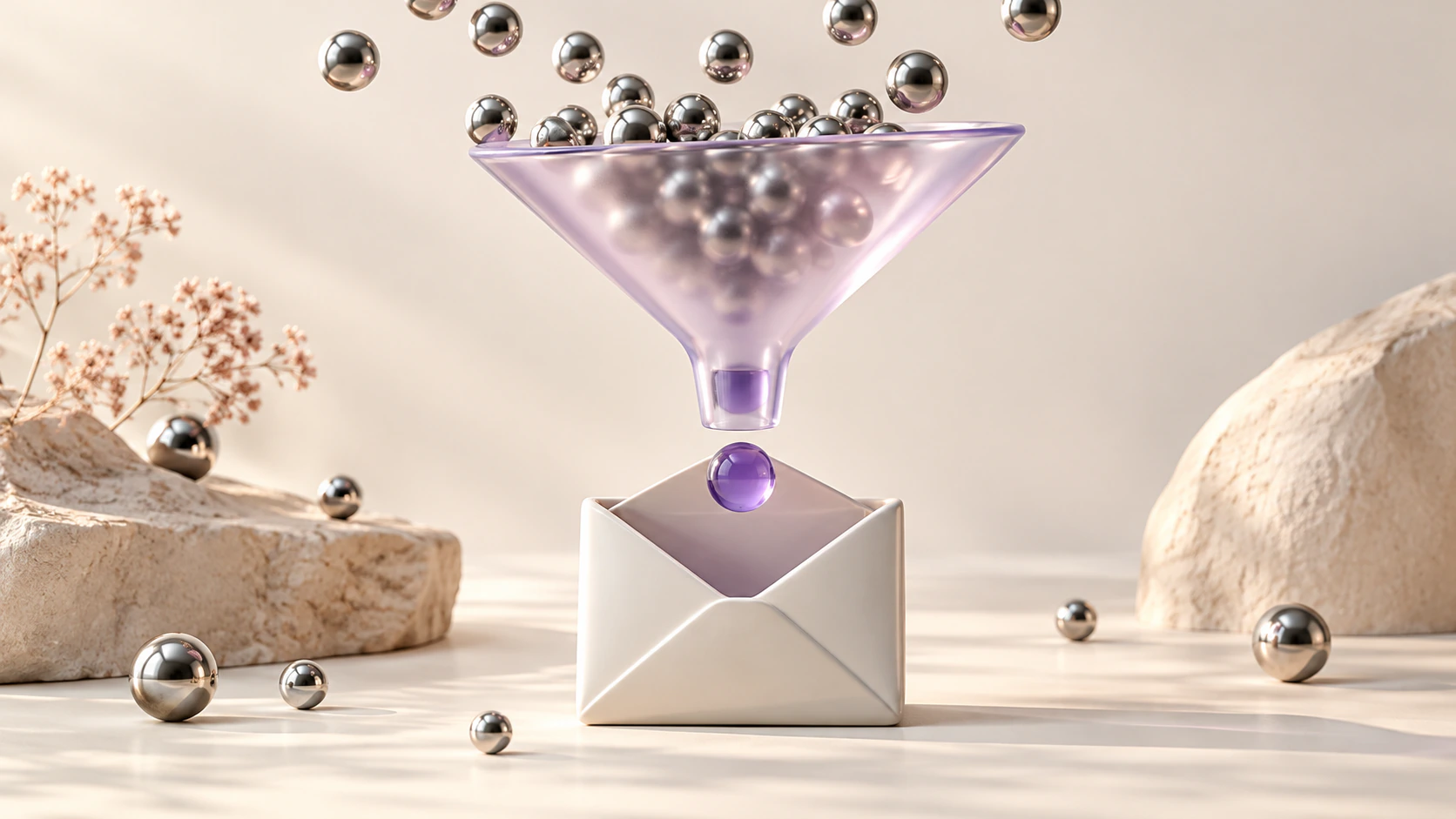 Chrome spheres pass through a lavender glass funnel into a white envelope, illustrating the journey from website visits to enquiries.