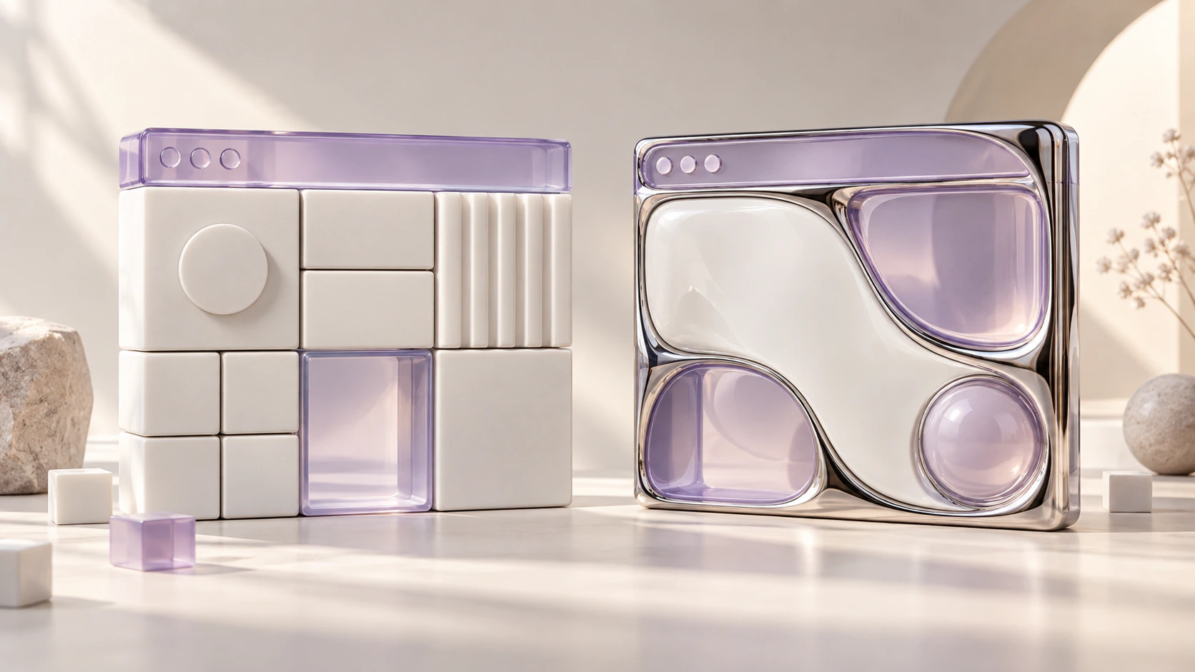 Two sculptural browser windows: one made from modular white blocks, the other from curved chrome and lavender glass panels.